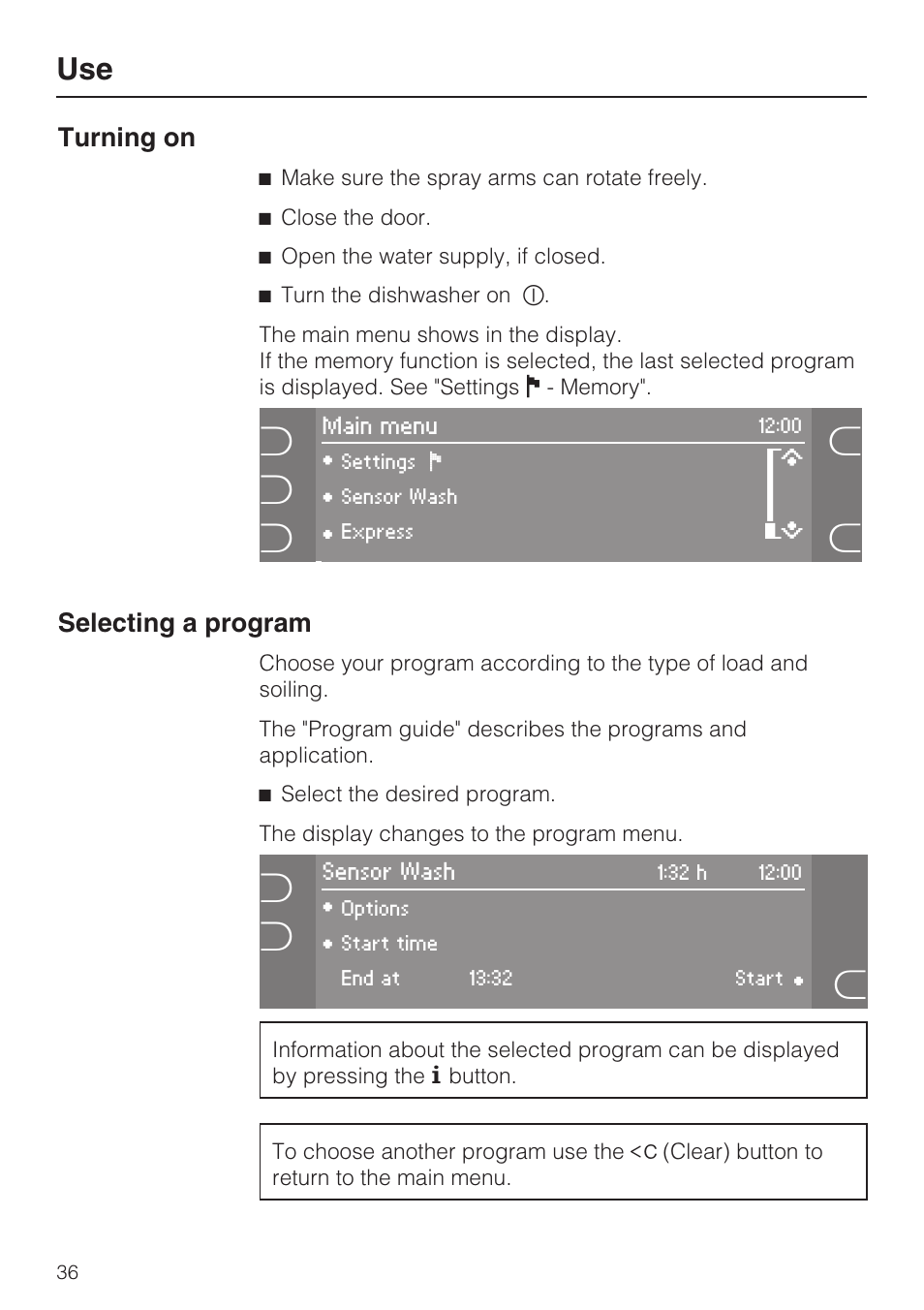 Turning on 36, Selecting a program 36 | Miele G 5915 User Manual | Page 36 / 86