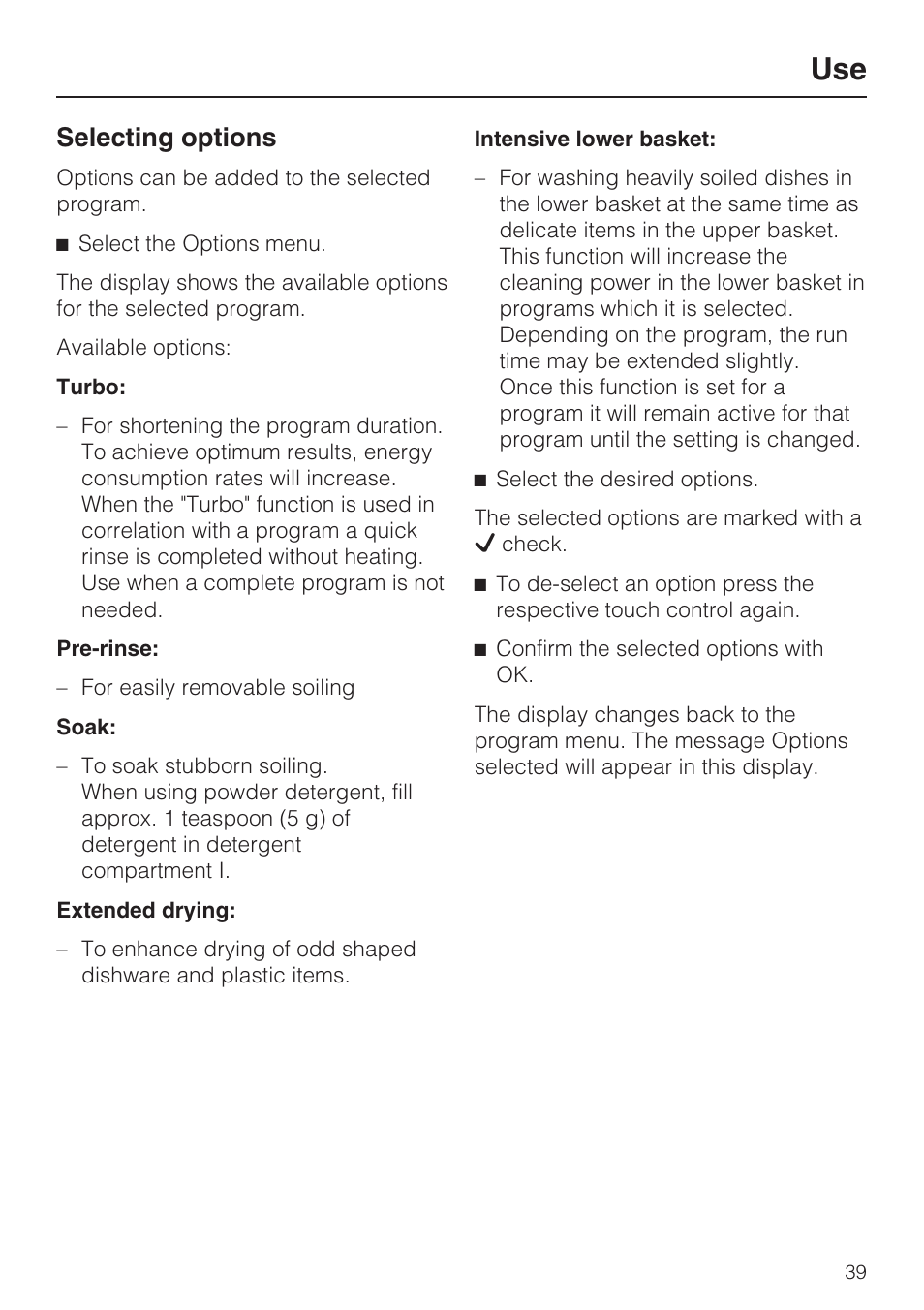 Selecting options 39, Selecting options | Miele G 5915 User Manual | Page 39 / 86