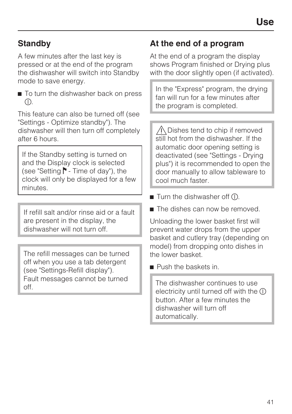 Standby 41, At the end of a program 41, Standby | At the end of a program | Miele G 5915 User Manual | Page 41 / 86