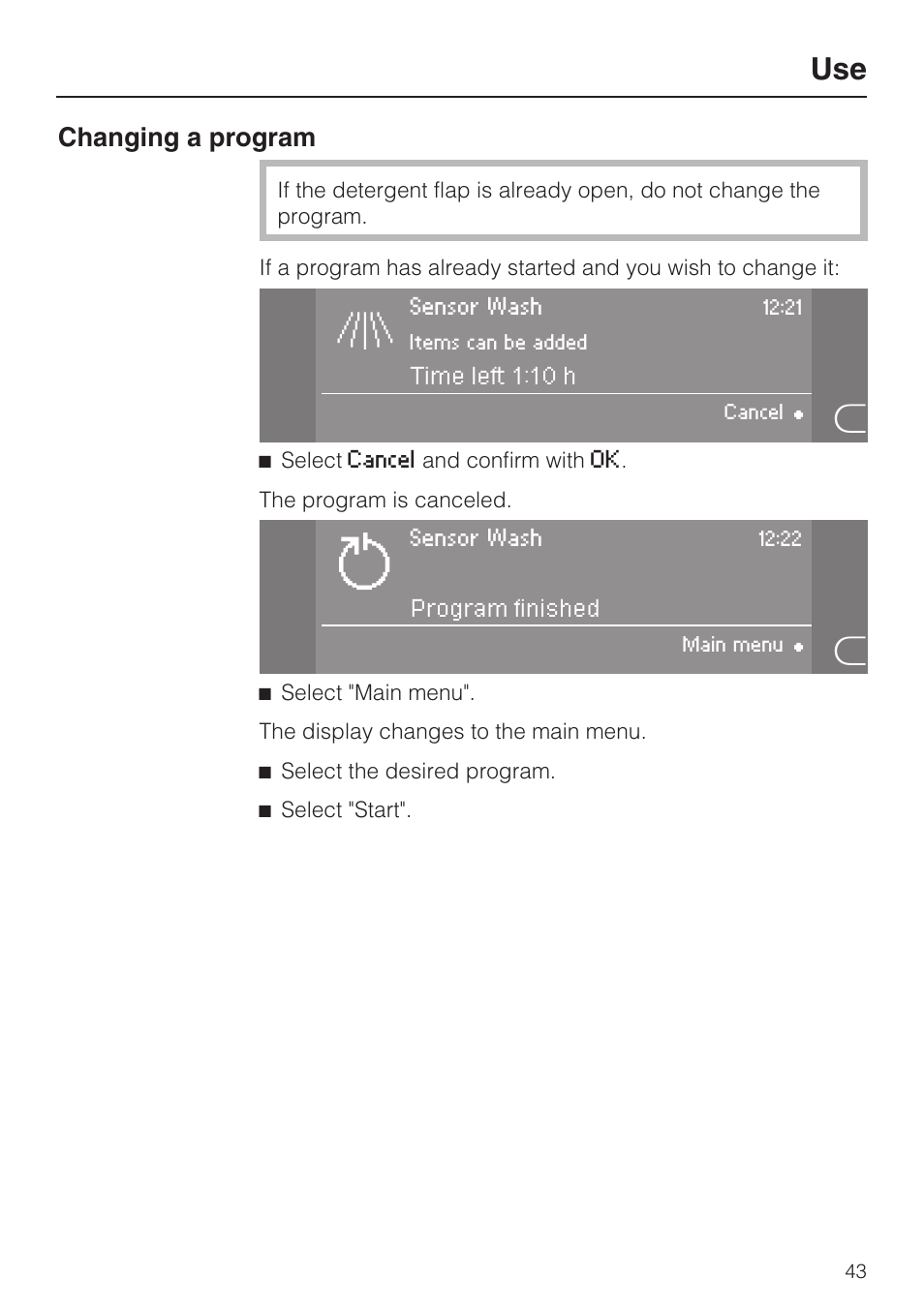 Changing a program 43, Changing a program | Miele G 5915 User Manual | Page 43 / 86