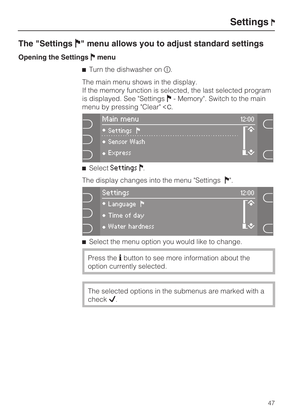 Settings ! 47, Settings | Miele G 5915 User Manual | Page 47 / 86