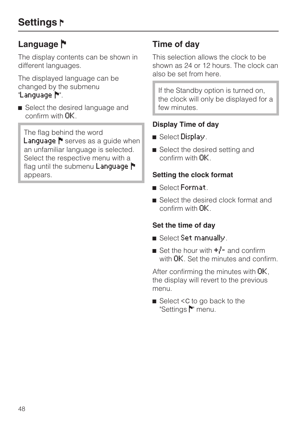 Settings, Language j, Time of day | Miele G 5915 User Manual | Page 48 / 86