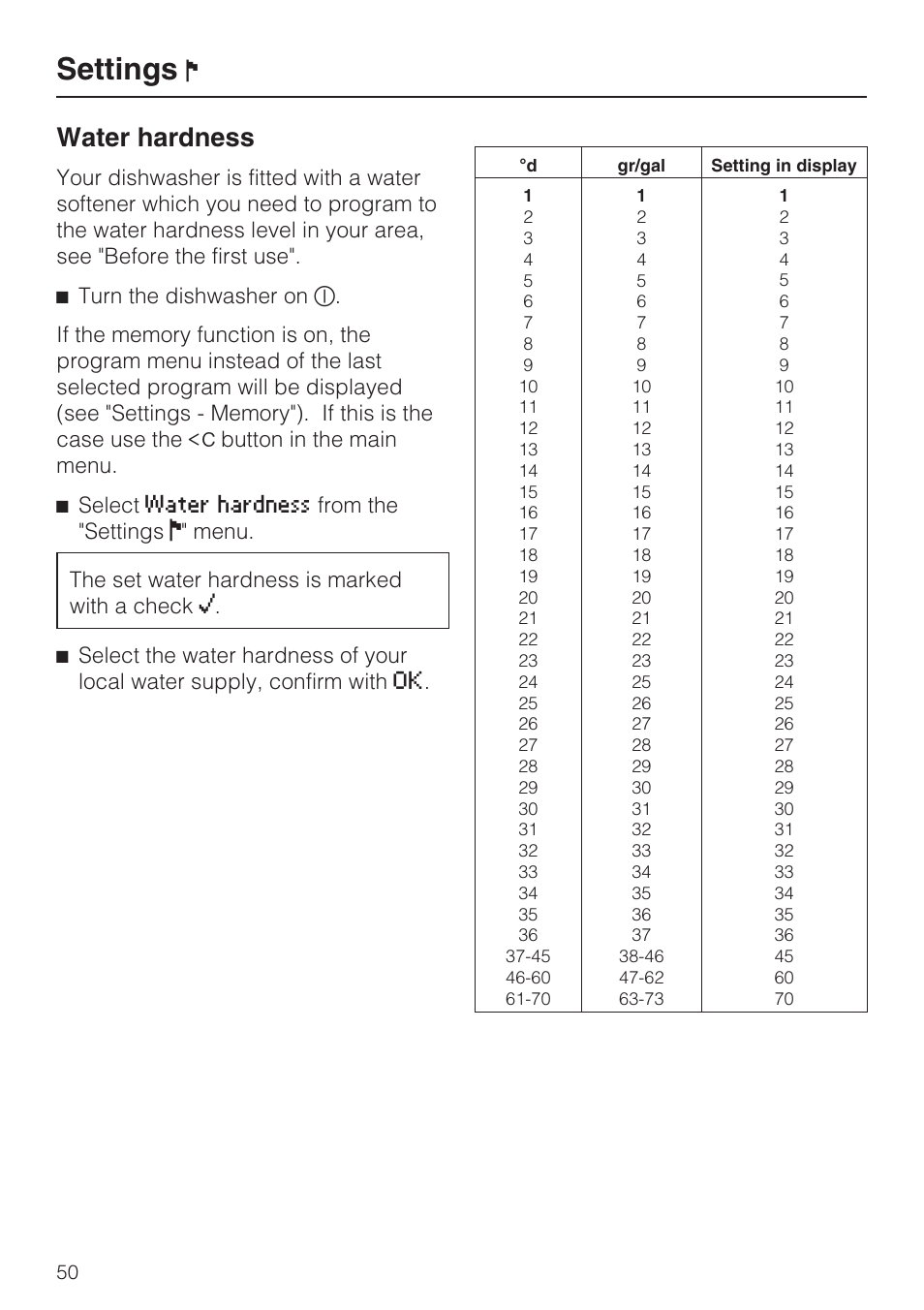 Water hardness 50, Settings, Water hardness | Miele G 5915 User Manual | Page 50 / 86