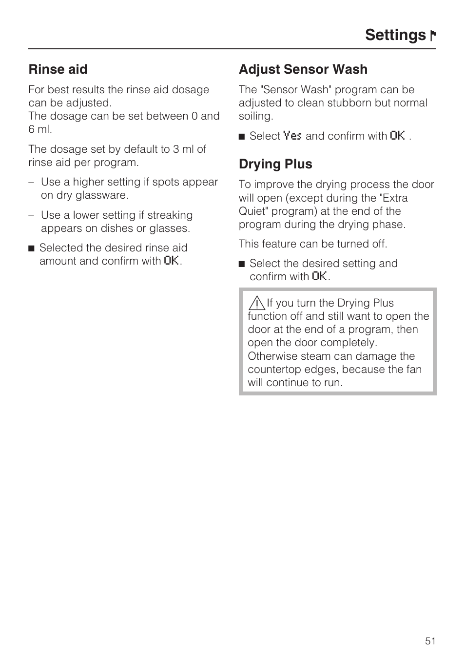 Drying plus 51, Settings, Rinse aid | Adjust sensor wash, Drying plus | Miele G 5915 User Manual | Page 51 / 86