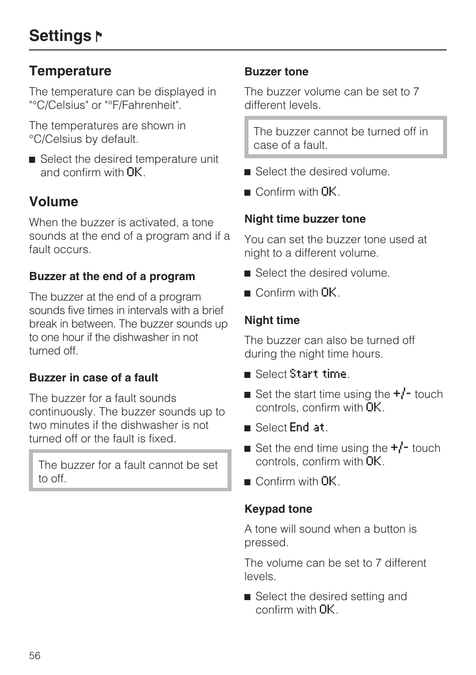 Volume 56, Settings, Temperature | Volume | Miele G 5915 User Manual | Page 56 / 86