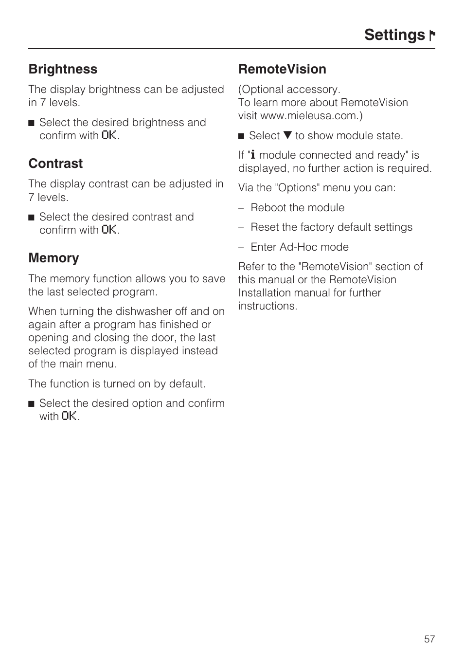 Settings, Brightness, Contrast | Remotevision | Miele G 5915 User Manual | Page 57 / 86