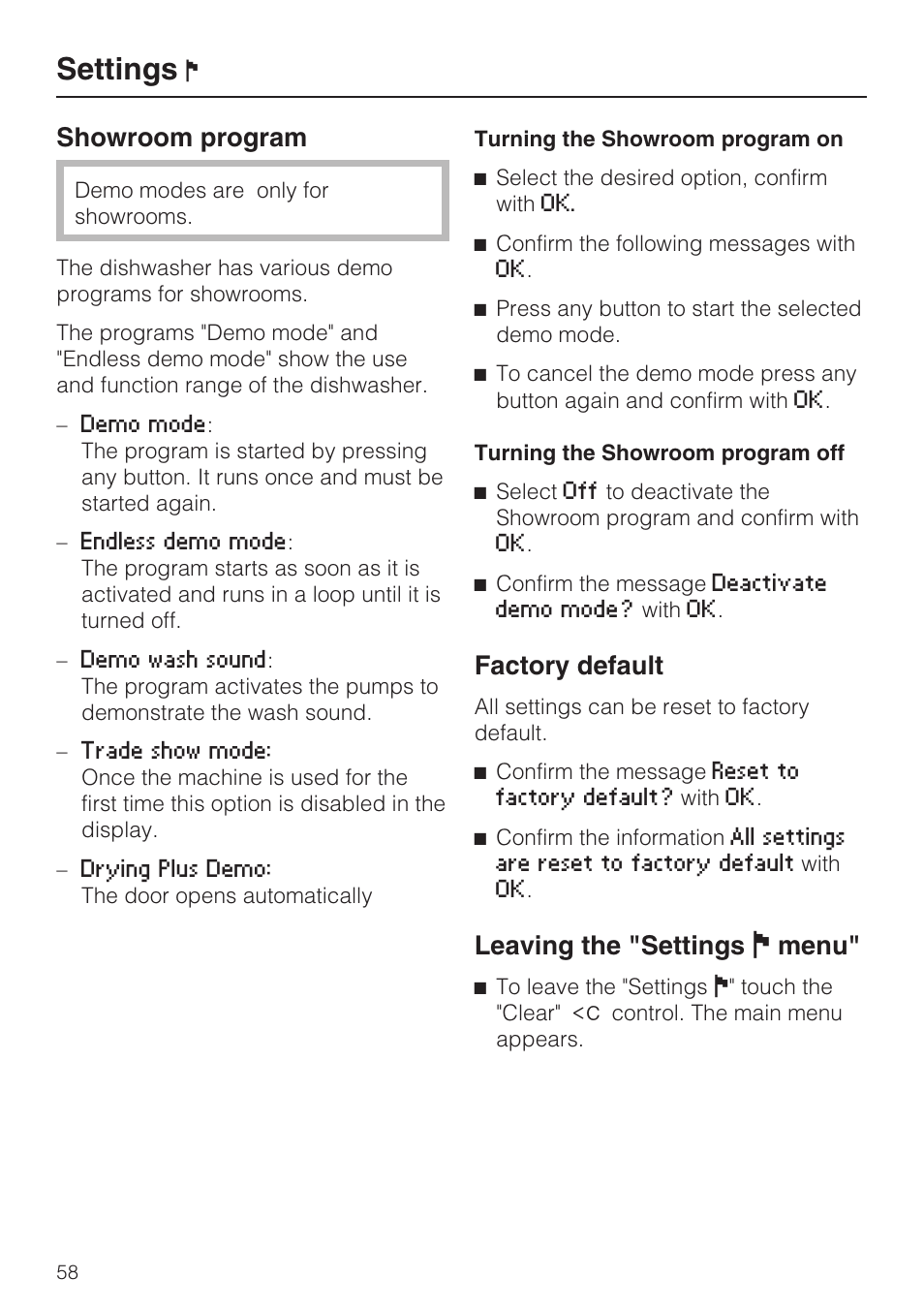 Factory default 58, Settings, Showroom program | Factory default, Leaving the "settings j menu | Miele G 5915 User Manual | Page 58 / 86