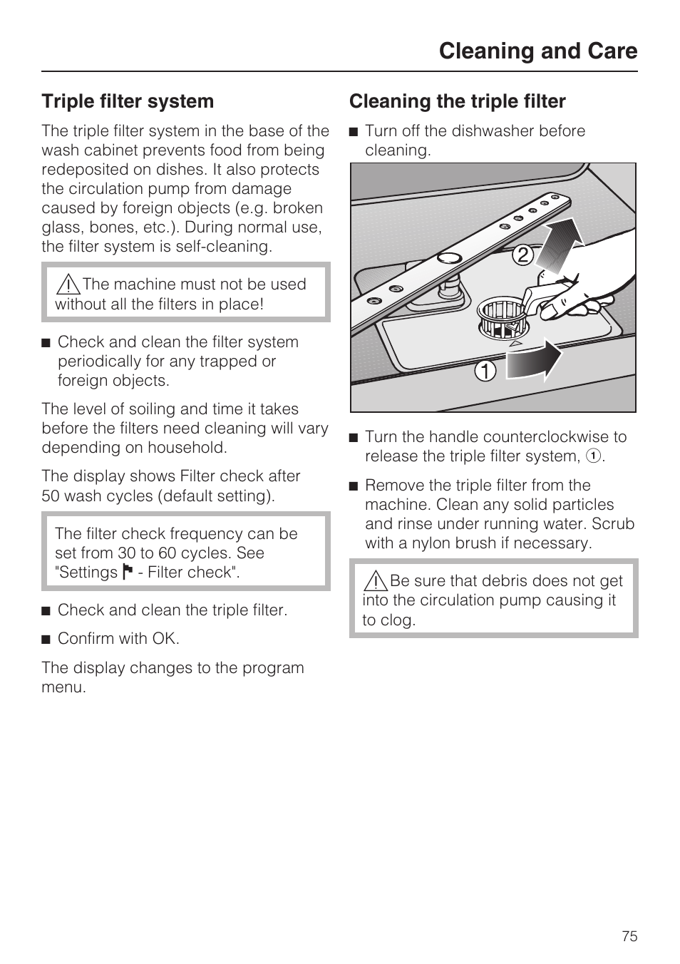 Triple filter system 75, Cleaning and care, Triple filter system | Cleaning the triple filter | Miele G 5915 User Manual | Page 75 / 86