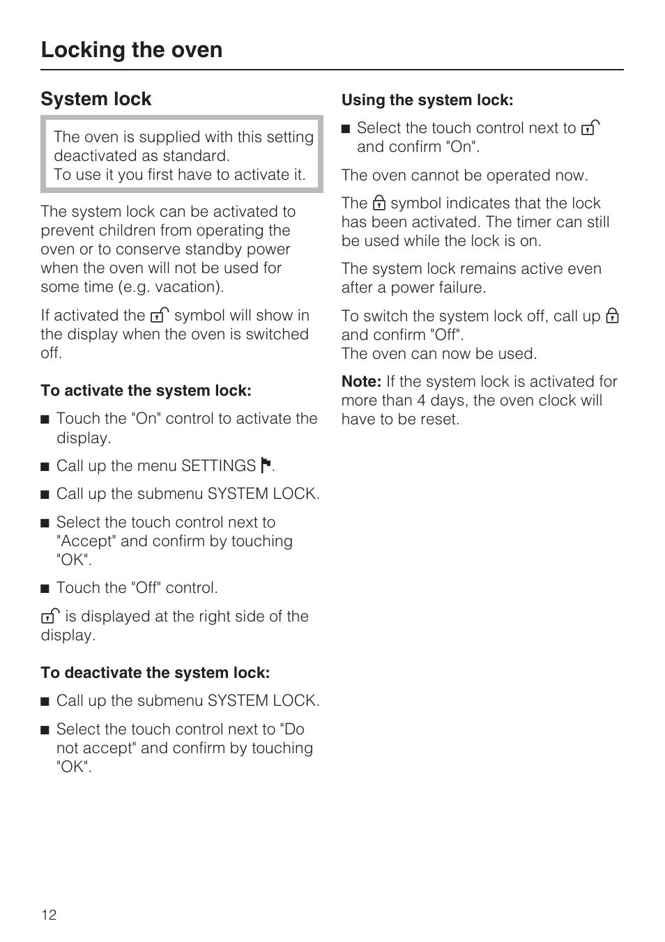 Locking the oven 12, Using the system lock: 12, Locking the oven | System lock | Miele H4782BP User Manual | Page 12 / 76