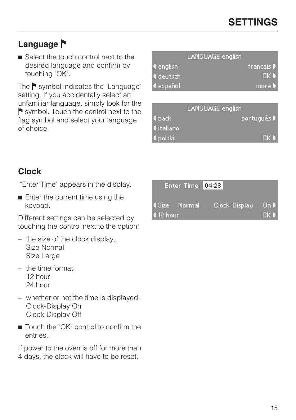Language j 15, Clock 15, Settings | Language j, Clock | Miele H4782BP User Manual | Page 15 / 76