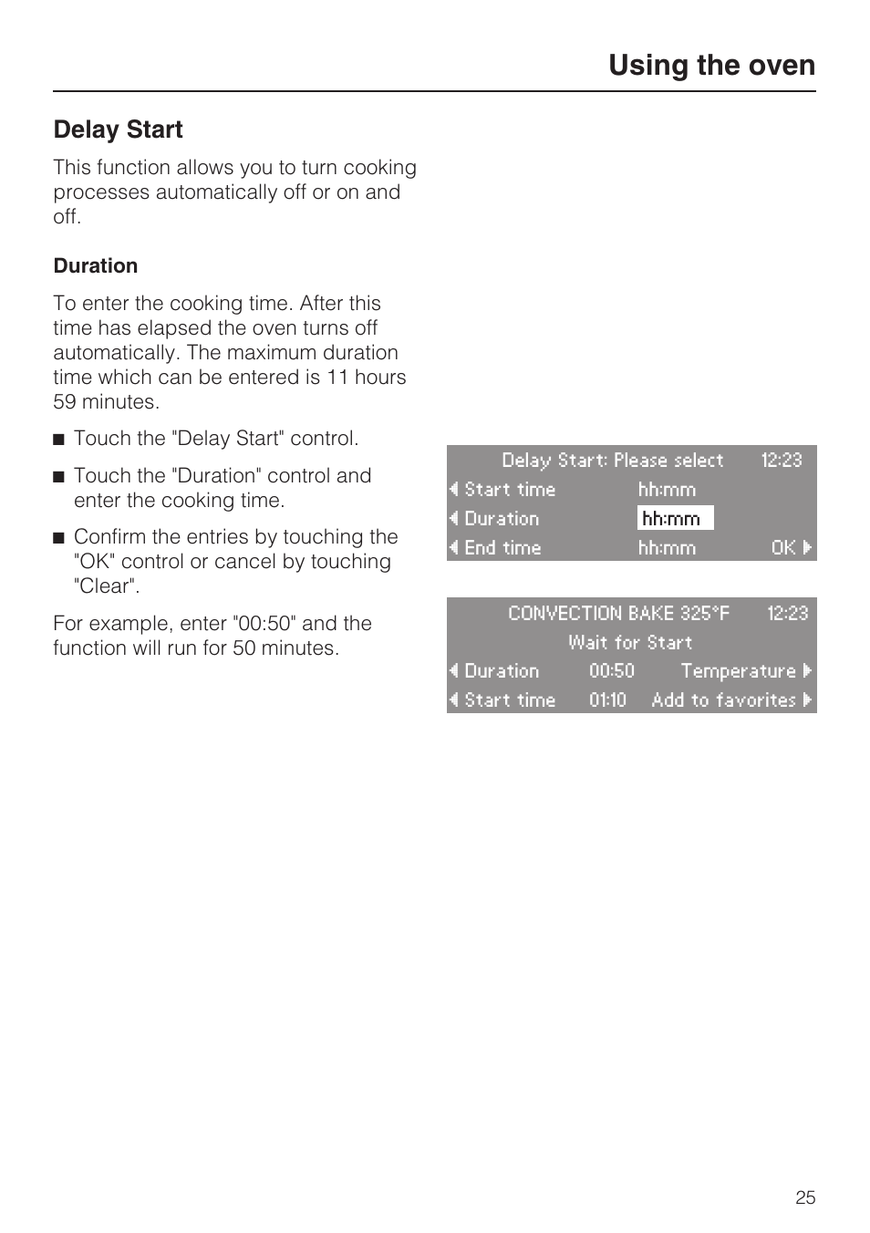 Delay start 25, Duration 25, Using the oven | Delay start | Miele H4782BP User Manual | Page 25 / 76