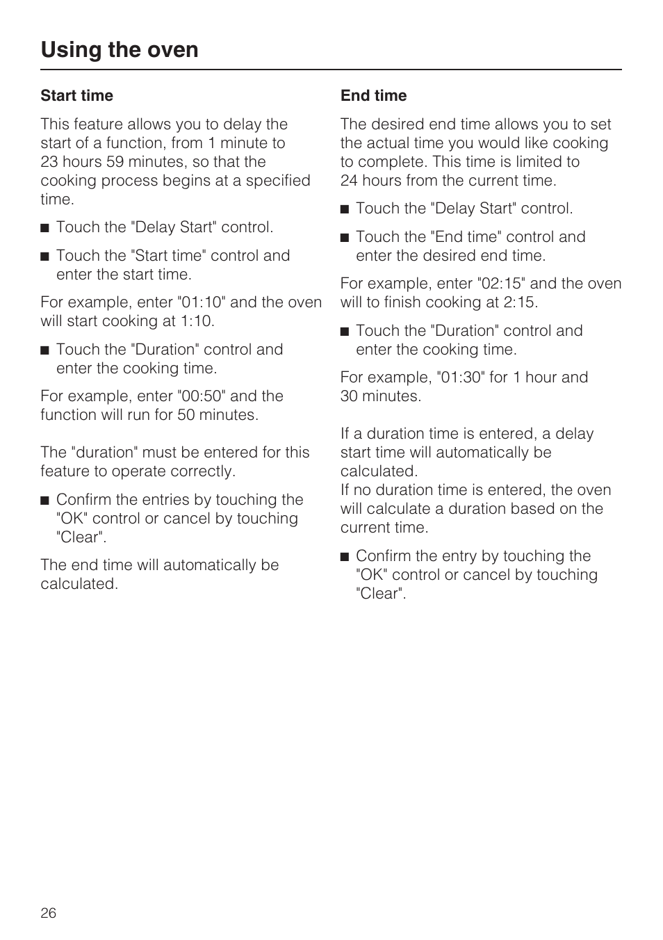 Start time 26, End time 26, Using the oven | Miele H4782BP User Manual | Page 26 / 76