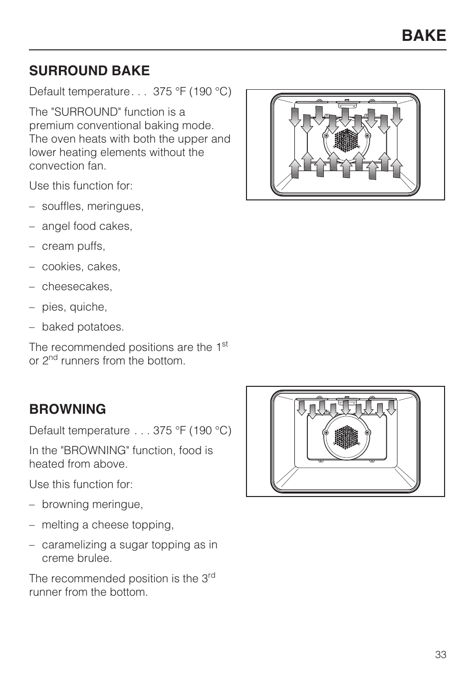 Bake, Surround bake, Browning | Miele H4782BP User Manual | Page 33 / 76