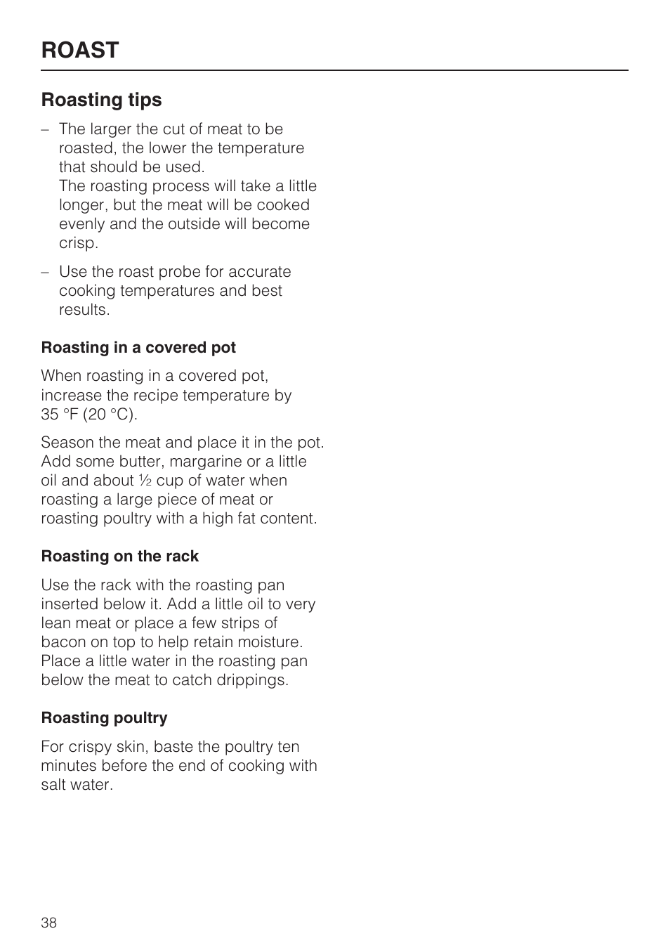 Roasting tips 38, Roast, Roasting tips | Miele H4782BP User Manual | Page 38 / 76