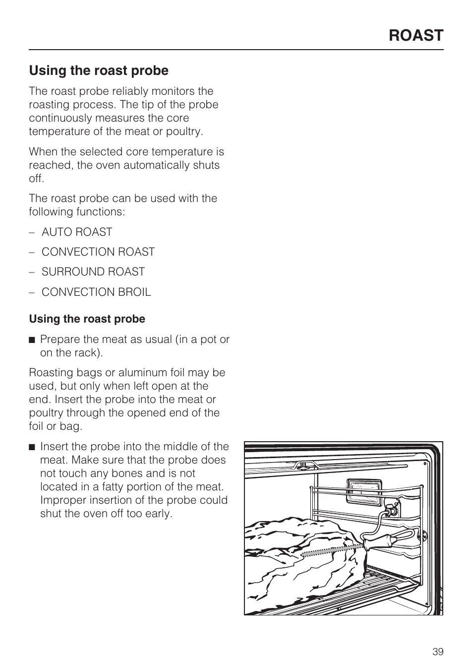 Using the roast probe 39, Roast, Using the roast probe | Miele H4782BP User Manual | Page 39 / 76