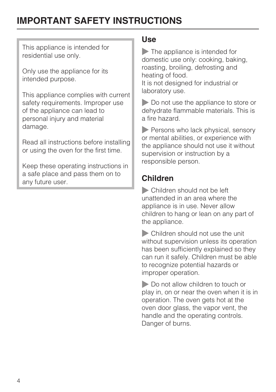 Important safety instructions 4, Important safety instructions | Miele H4782BP User Manual | Page 4 / 76