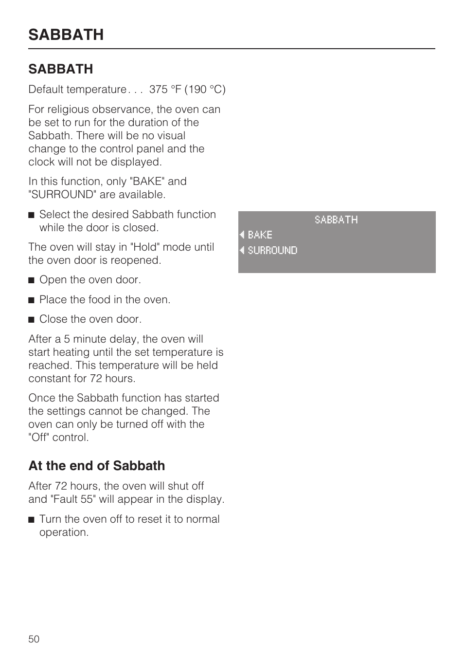 Sabbath 50, Sabbath, At the end of sabbath | Miele H4782BP User Manual | Page 50 / 76
