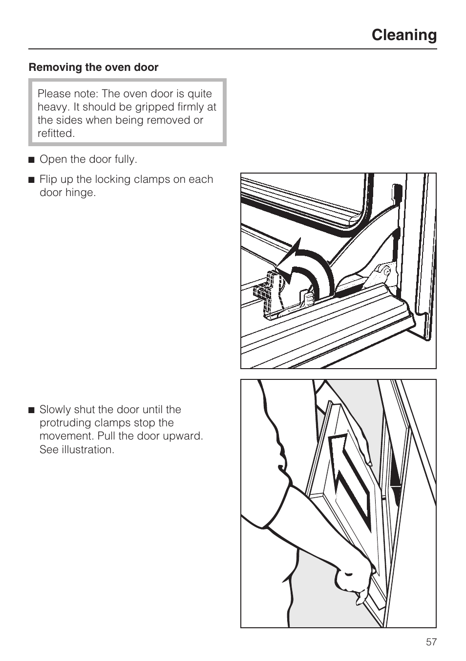 Removing the oven door 57, Cleaning | Miele H4782BP User Manual | Page 57 / 76