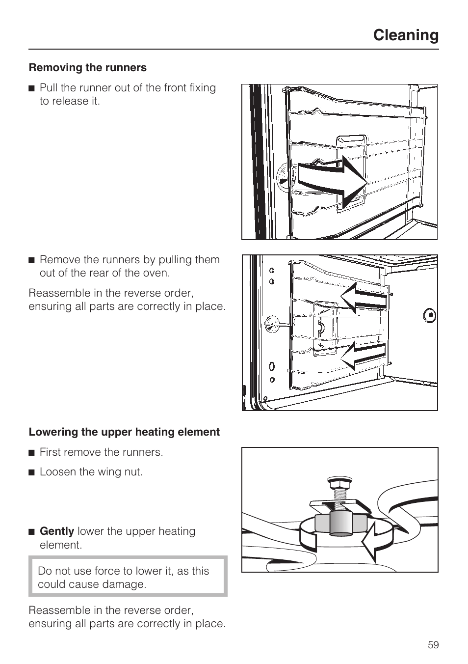 Removing the runners 59, Lowering the upper heating element 59, Cleaning | Miele H4782BP User Manual | Page 59 / 76