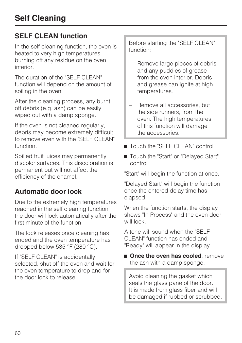 Self cleaning 60, Self cleaning, Self clean function | Automatic door lock | Miele H4782BP User Manual | Page 60 / 76