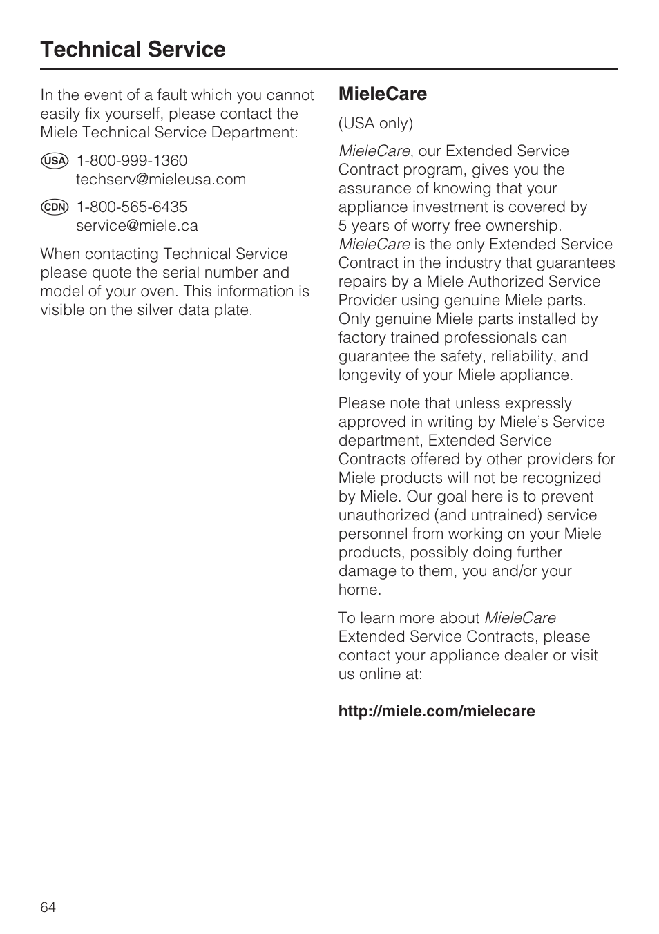 Technical service 64, Technical service, Mielecare | Miele H4782BP User Manual | Page 64 / 76