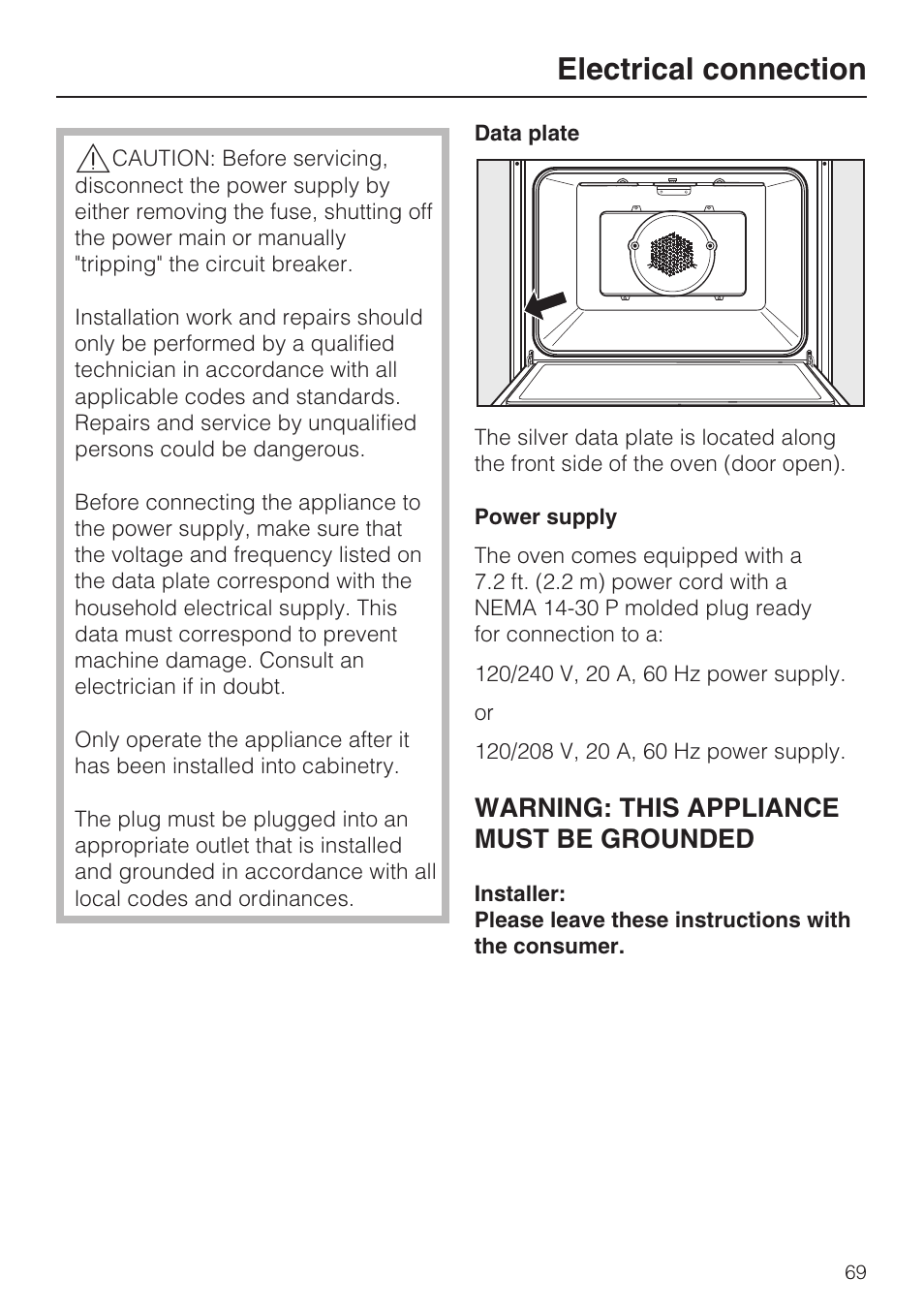 Electrical connection 69, Electrical connection, Warning: this appliance must be grounded | Miele H4782BP User Manual | Page 69 / 76