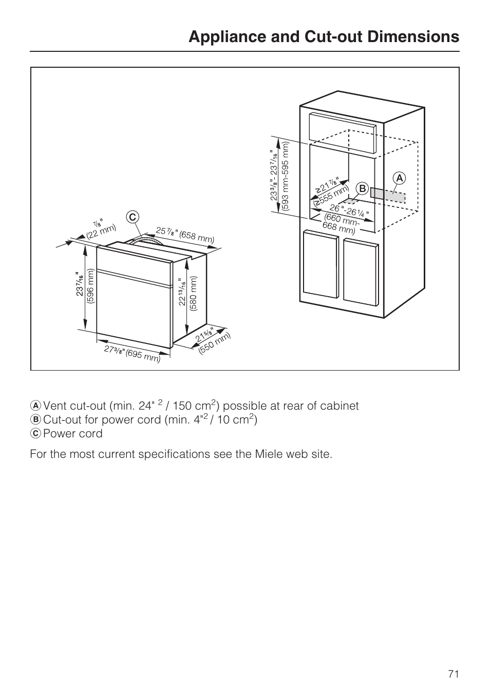 Appliance and cut-out dimensions | Miele H4782BP User Manual | Page 71 / 76