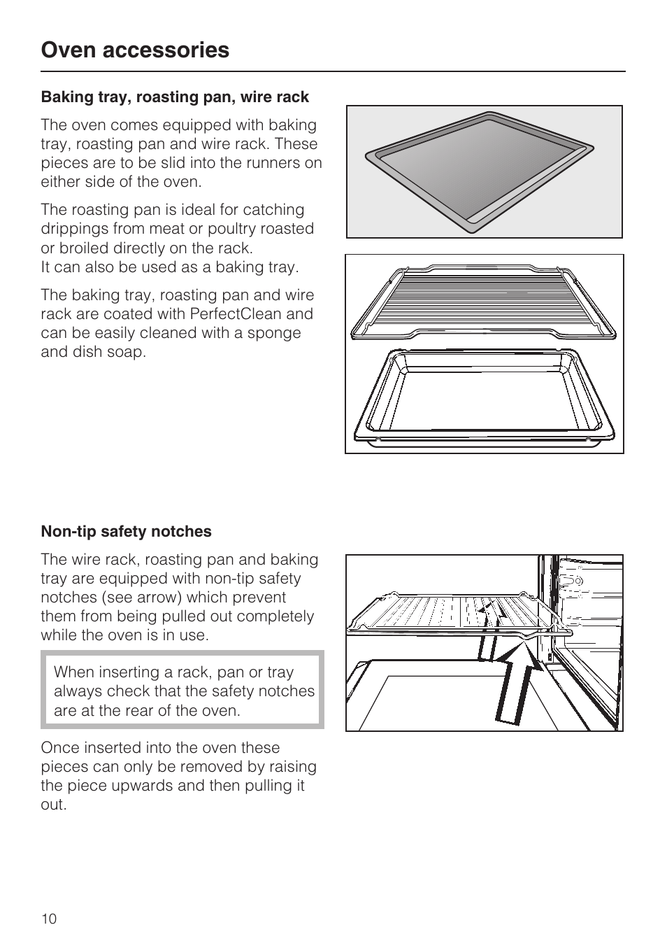 Oven accessories 10, Baking tray, roasting pan, wire rack 10, Oven accessories | Miele H 4688 B User Manual | Page 10 / 76