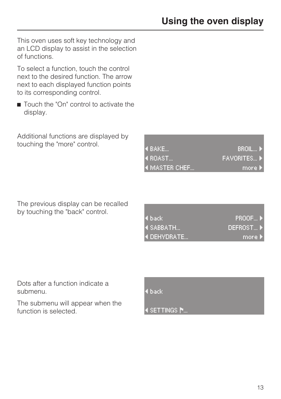 Using the oven display 13, Using the oven display | Miele H 4688 B User Manual | Page 13 / 76