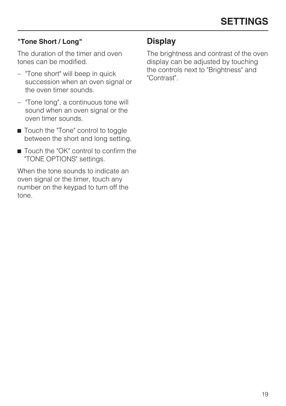 Display 19, Settings, Display | Miele H 4688 B User Manual | Page 19 / 76