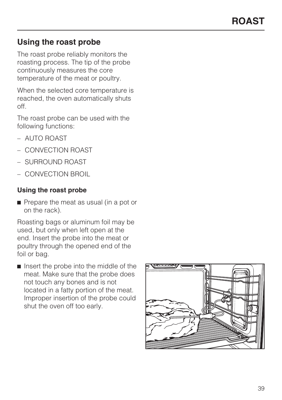 Using the roast probe 39, Roast, Using the roast probe | Miele H 4688 B User Manual | Page 39 / 76