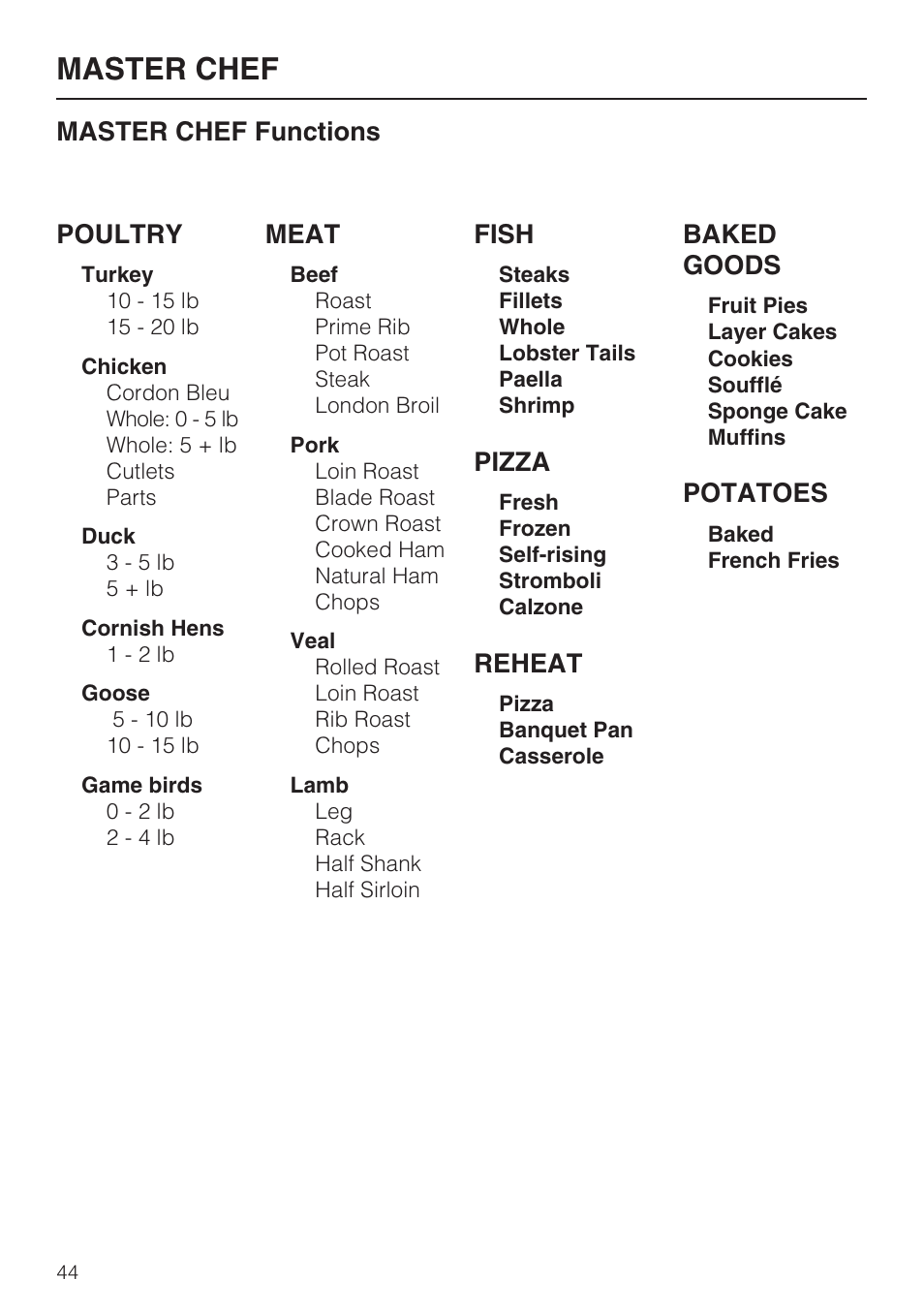 Master chef, Master chef functions poultry, Meat | Fish, Pizza, Reheat, Baked goods, Potatoes | Miele H 4688 B User Manual | Page 44 / 76