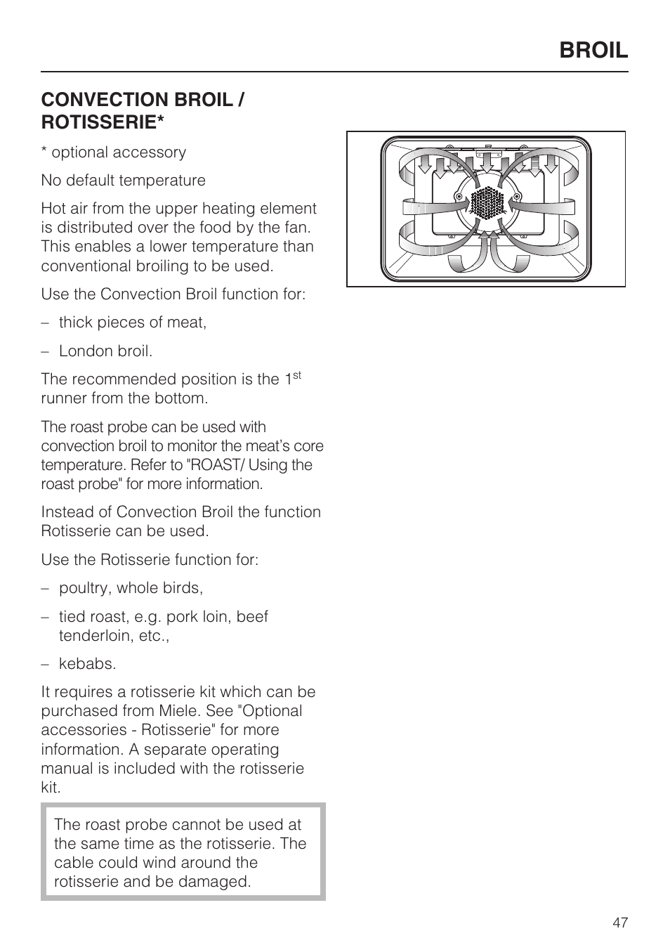 Broil, Convection broil / rotisserie | Miele H 4688 B User Manual | Page 47 / 76