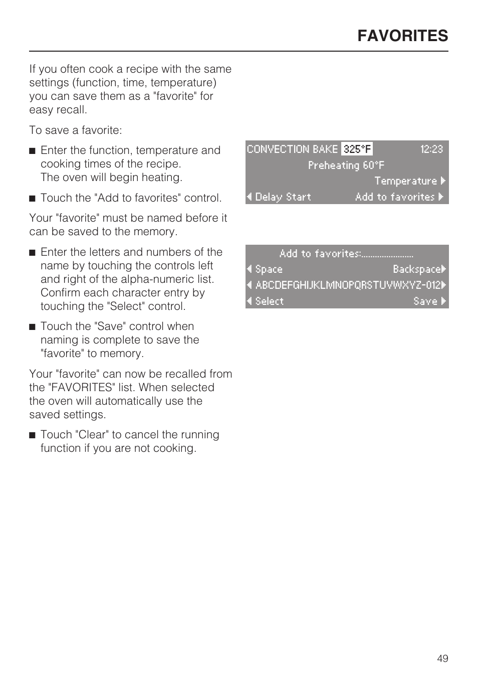 Favorites 49, Favorites | Miele H 4688 B User Manual | Page 49 / 76