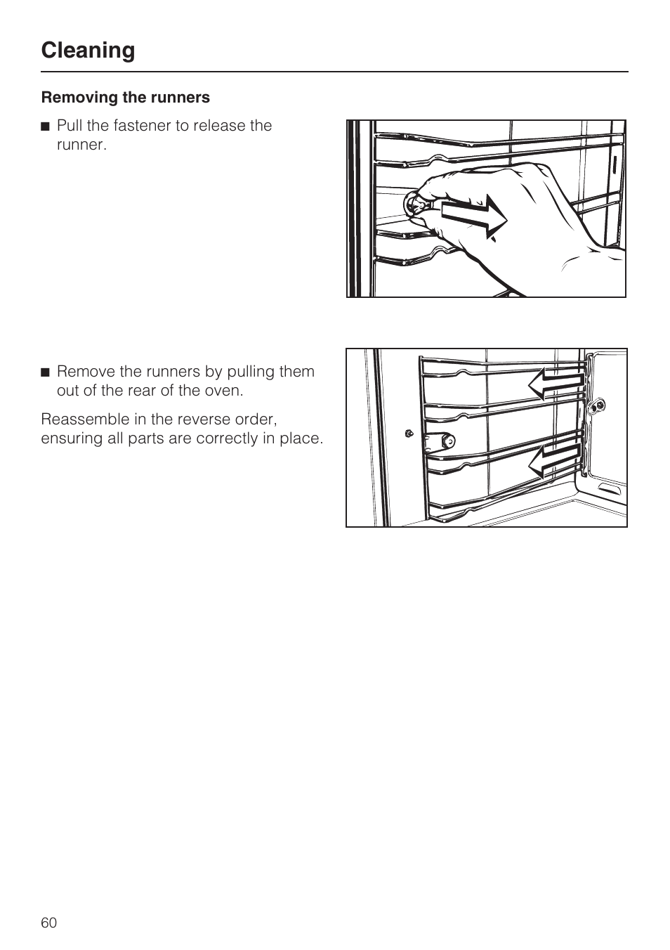 Removing the runners 60, Cleaning | Miele H 4688 B User Manual | Page 60 / 76