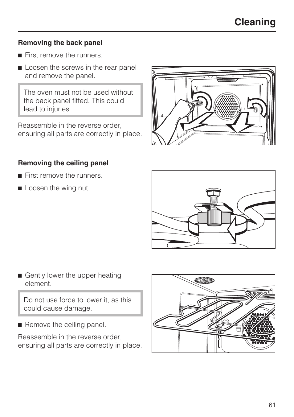 Removing the back panel 61, Removing the ceiling panel 61, Cleaning | Miele H 4688 B User Manual | Page 61 / 76