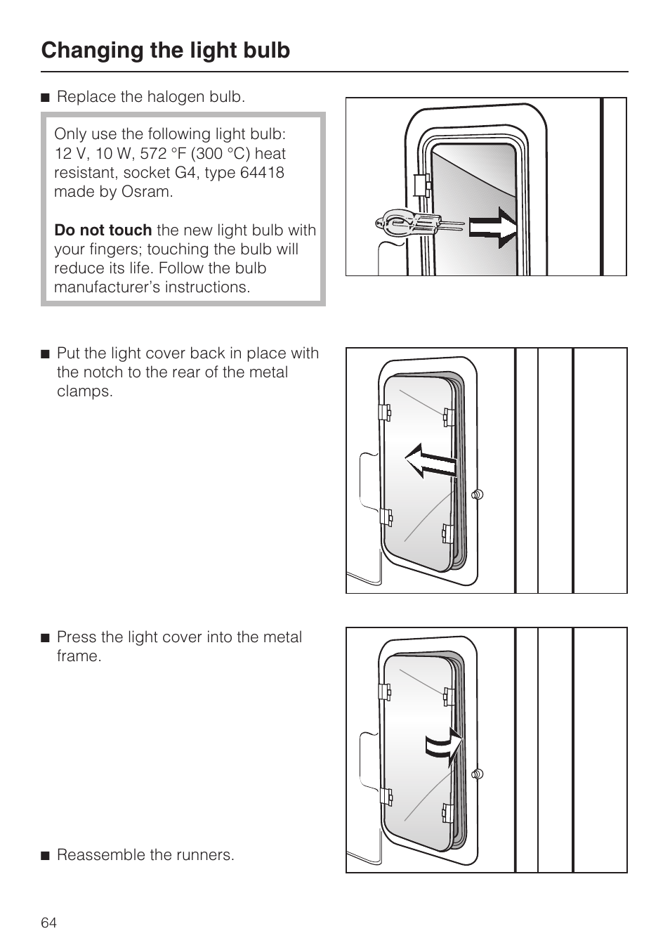 Changing the light bulb | Miele H 4688 B User Manual | Page 64 / 76