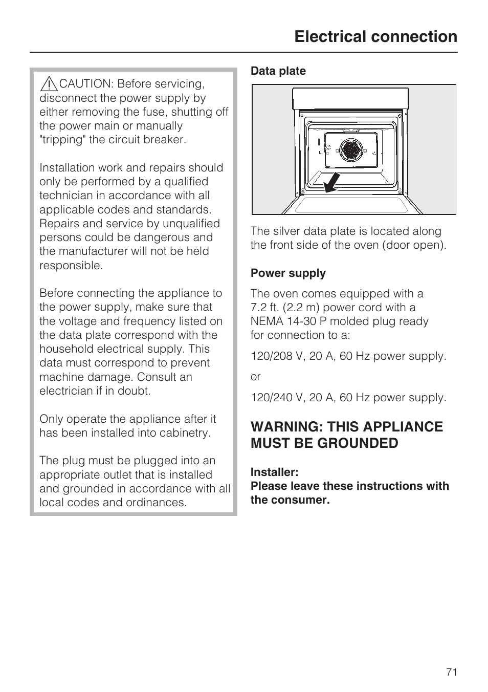 Electrical connection 71, Electrical connection, Warning: this appliance must be grounded | Miele H 4688 B User Manual | Page 71 / 76