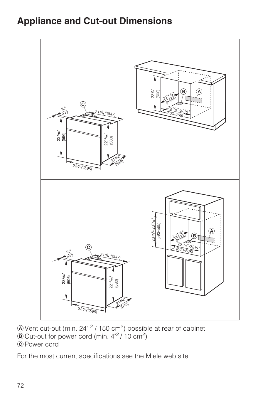 Appliance and cut-out dimensions 72, Appliance and cut-out dimensions | Miele H 4688 B User Manual | Page 72 / 76