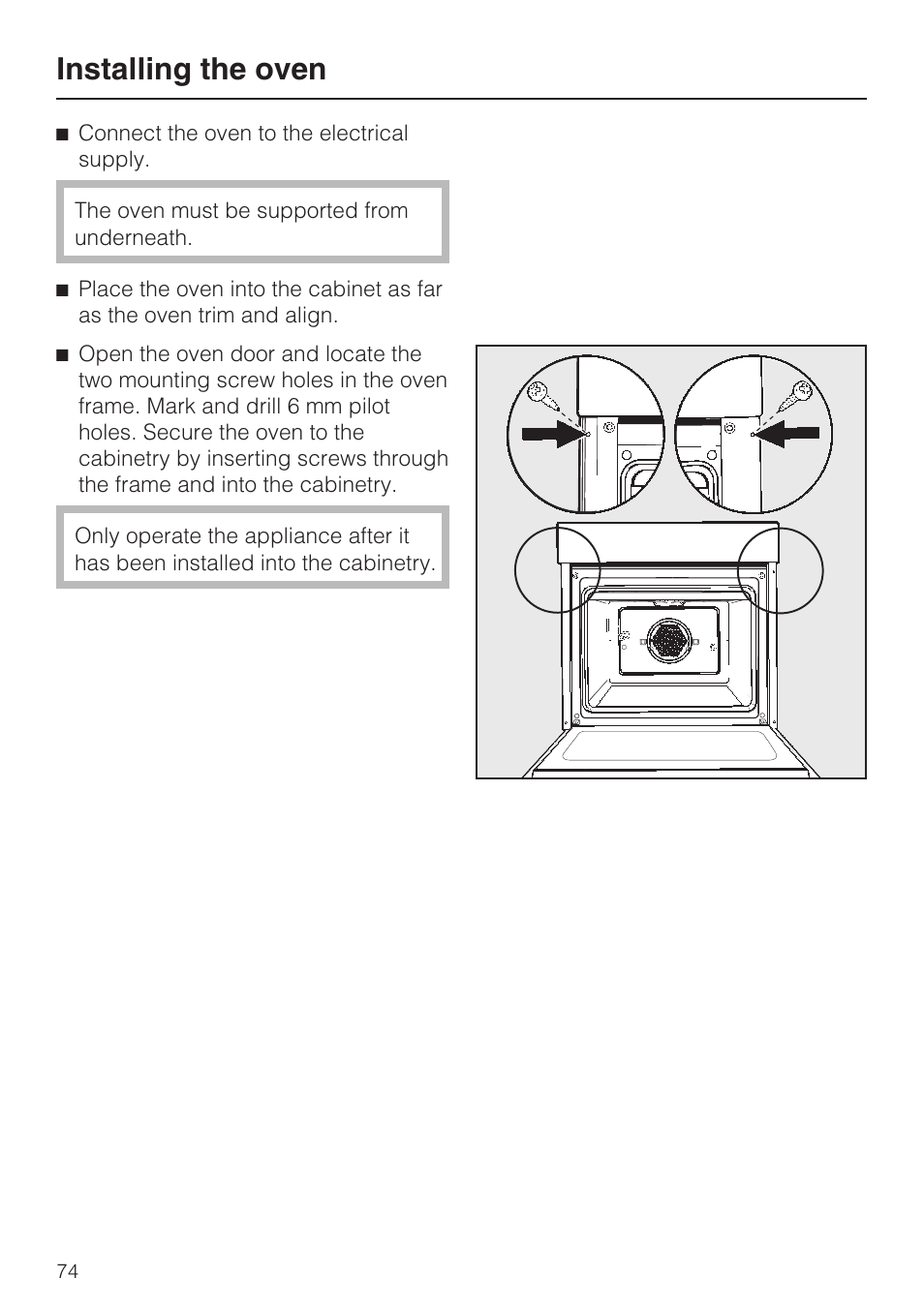 Installing the oven | Miele H 4688 B User Manual | Page 74 / 76