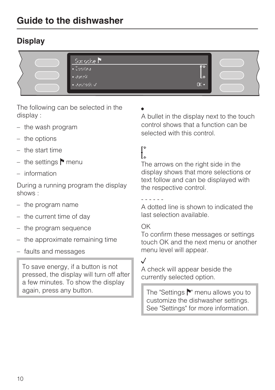 Display 10, Guide to the dishwasher, Display | Miele G 2832 User Manual | Page 10 / 80