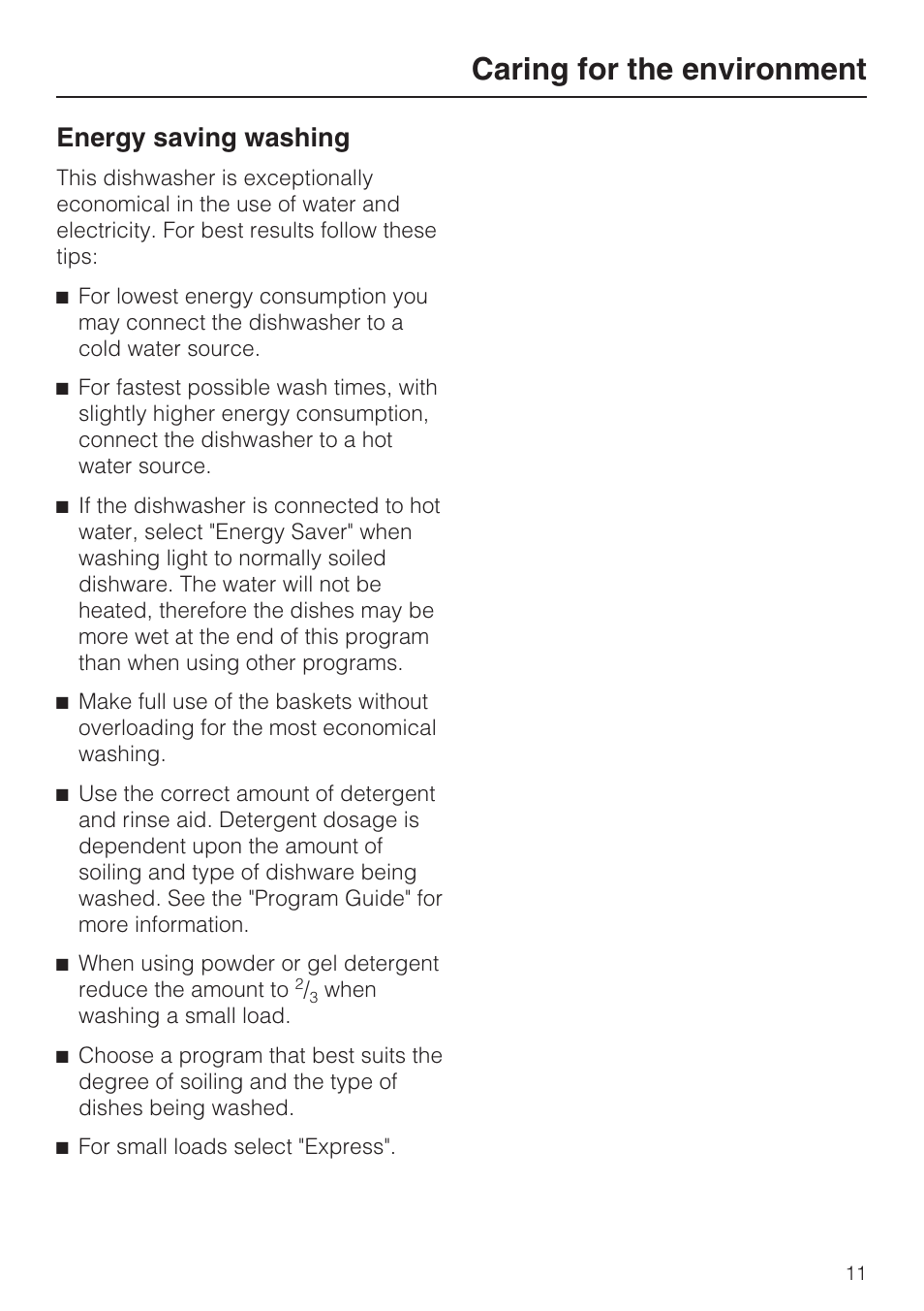 Caring for the environment 11, Caring for the environment, Energy saving washing | Miele G 2832 User Manual | Page 11 / 80