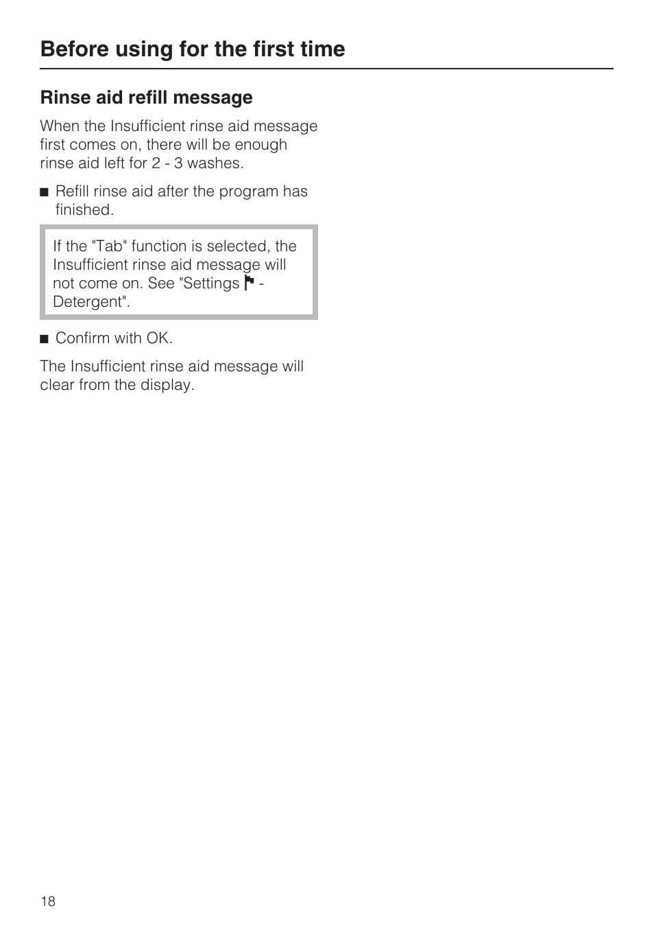 Rinse aid refill message 18, Before using for the first time, Rinse aid refill message | Miele G 2832 User Manual | Page 18 / 80