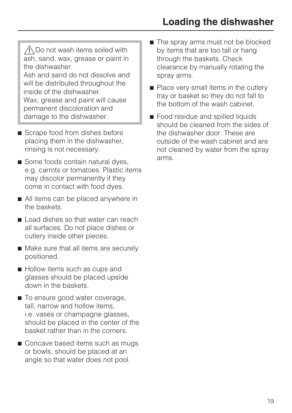 Loading the dishwasher 19, Loading the dishwasher | Miele G 2832 User Manual | Page 19 / 80