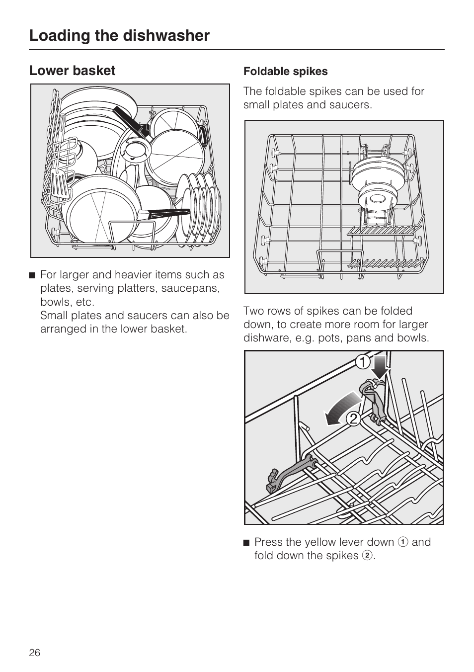 Lower basket 26, Loading the dishwasher, Lower basket | Miele G 2832 User Manual | Page 26 / 80