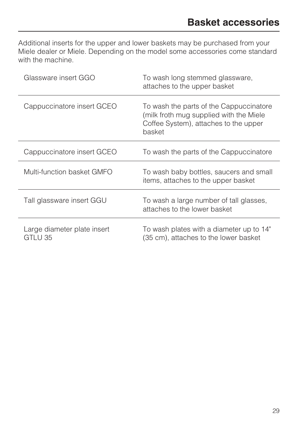 Basket accessories 29, Basket accessories | Miele G 2832 User Manual | Page 29 / 80