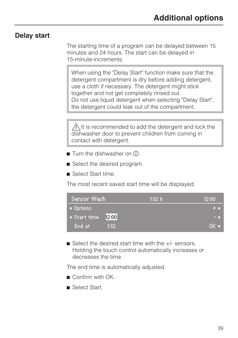 Additional options 39, Additional options, Delay start | Miele G 2832 User Manual | Page 39 / 80