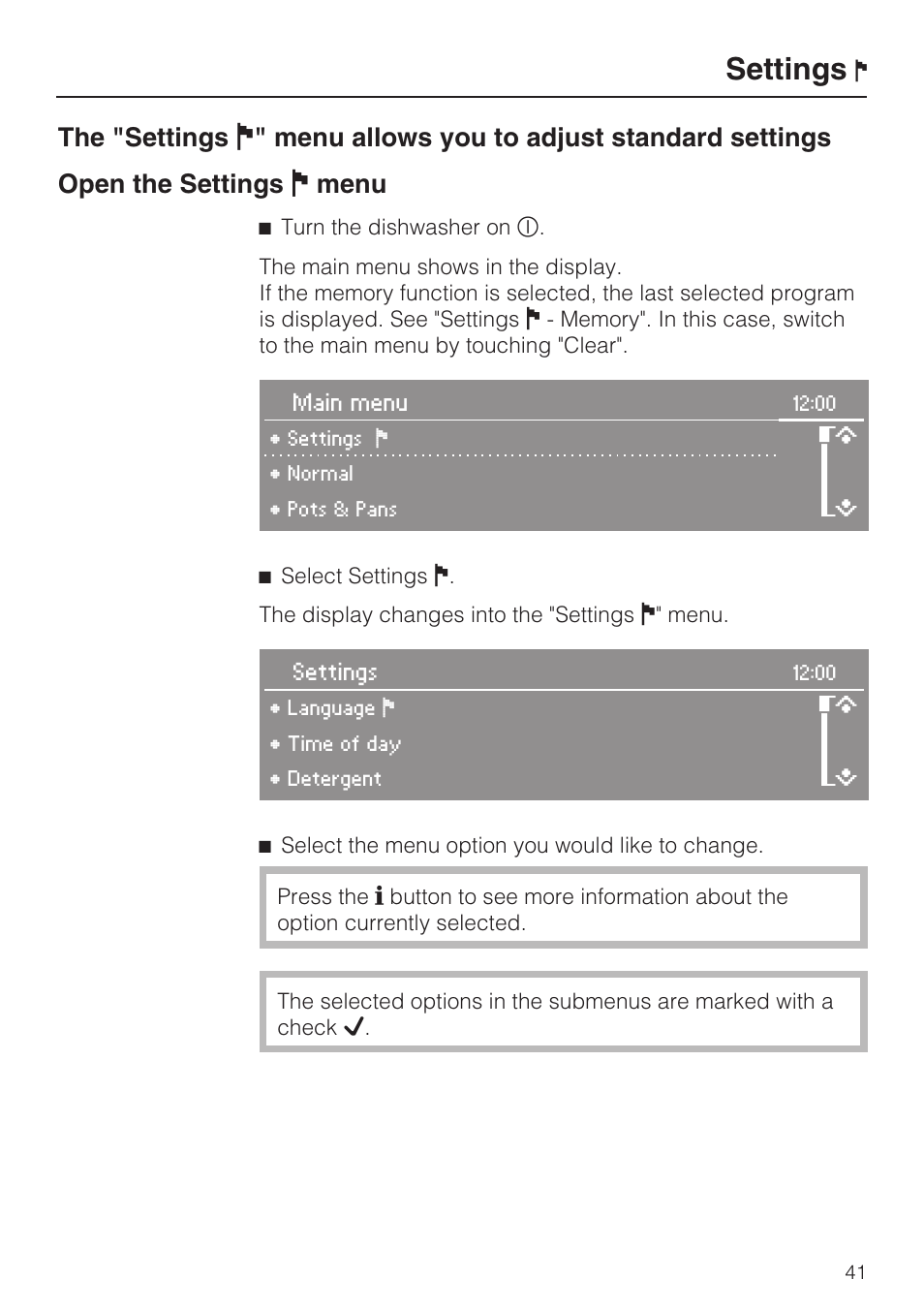 Settings ! 41, Settings | Miele G 2832 User Manual | Page 41 / 80