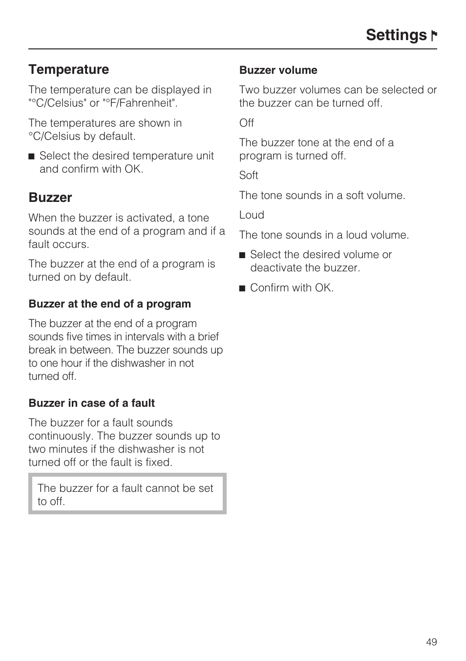 Settings, Temperature, Buzzer | Miele G 2832 User Manual | Page 49 / 80