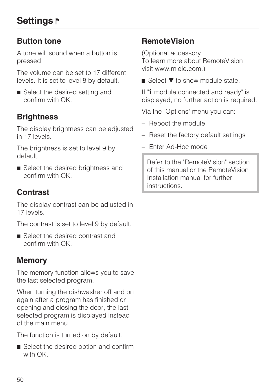 Button tone 50, Remotevision 50, Settings | Button tone, Brightness, Contrast, Remotevision | Miele G 2832 User Manual | Page 50 / 80